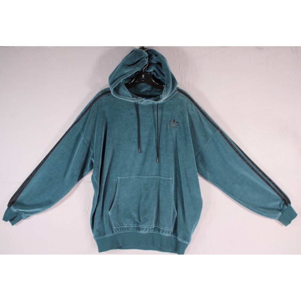 Adidas Originals Men's M Teal Velour Hoodie Trefoil 3 Stripes Pullover